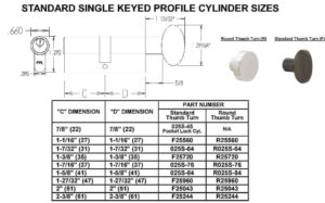 Size Chart - Single Keyed Cylinders (Standard)