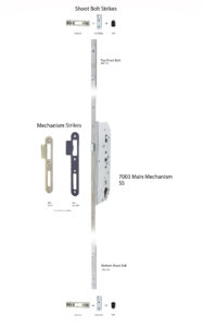 #7003 3-Point Mortise Mechanism with Strikes, Shoot Bolts (Labelled)